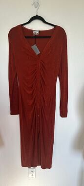 Area Stars Rust Ruched Front Button Down Midi Dress - L